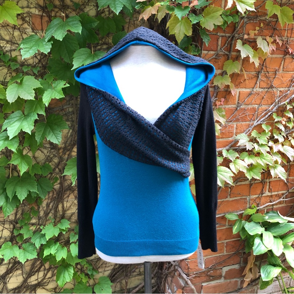 Teal Black Lace Hooded Sweater Upcycled Cotton Embody Streetwear Fall Winter